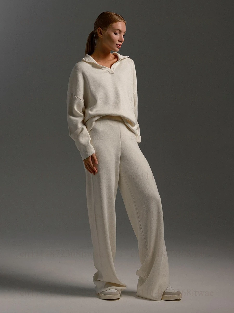 2026 Autumn Winter Thick Women Knitted Suits Cashmere Soft 2 Pieces Set Female Polo Neck Sweater & Wide Leg Pants Knitted Outfit