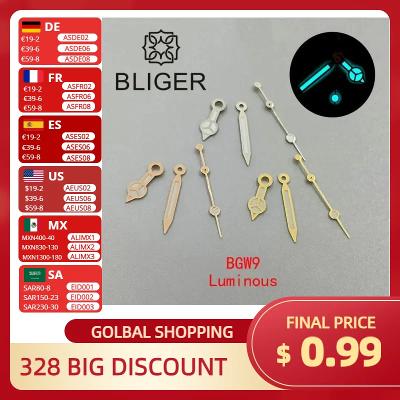 BLIGER Super BGW9 Luminous Watch Hands Fit NH35 NH36 Movement 3135 Movement Silver Gold Rose Gold For Watch Replacement Tools