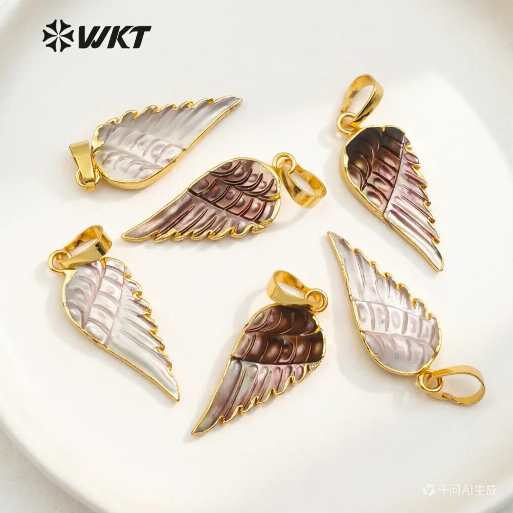 WT-JP099 WKT Unique Design Shell Pendant Gold Metal With Hand Carved Feather Shape For Ladies Jewelry Making Earrings Accessory