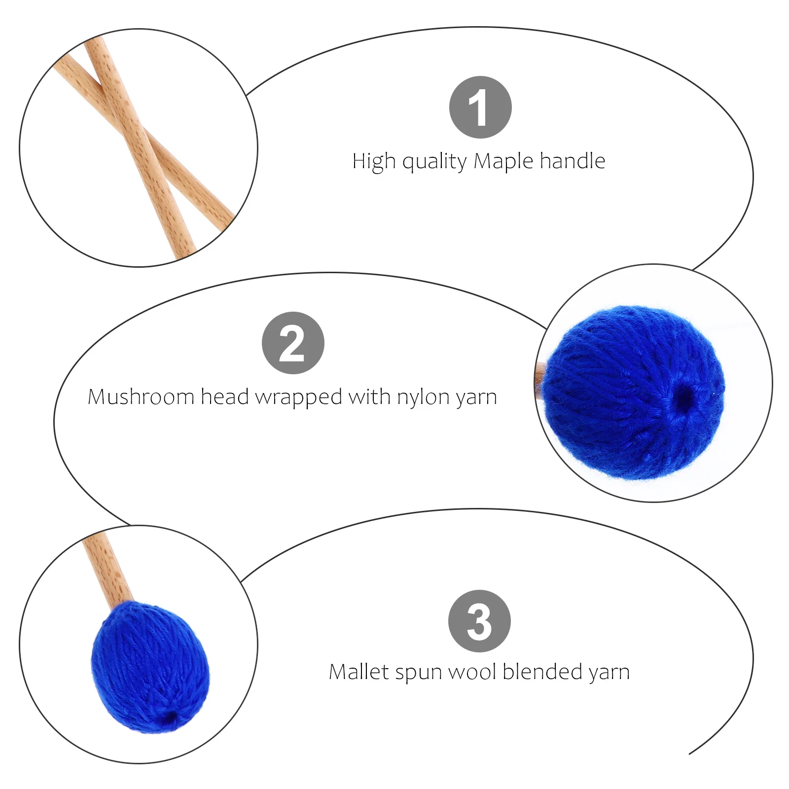 

1 Pair Marimba Mallet Yarn Head Maple Handle For Keyboard Percussion Instrument Drum Stick Wool Acrylic Blend Durable Mallet
