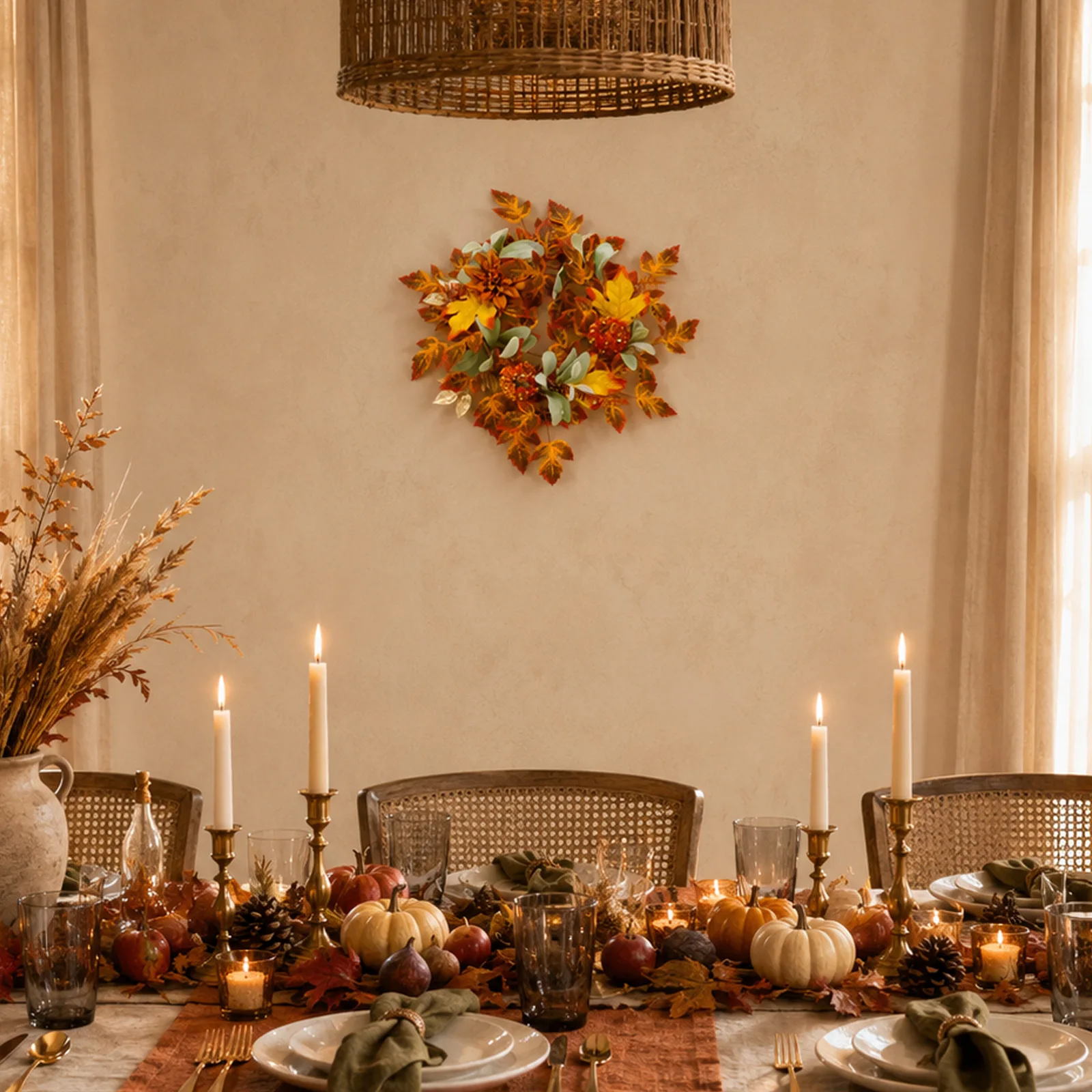 Artificial Autumn Swag with Sequined Pumpkins Orange Dahlias and Gradient Maple Leaves for Indoor Outdoor Decor