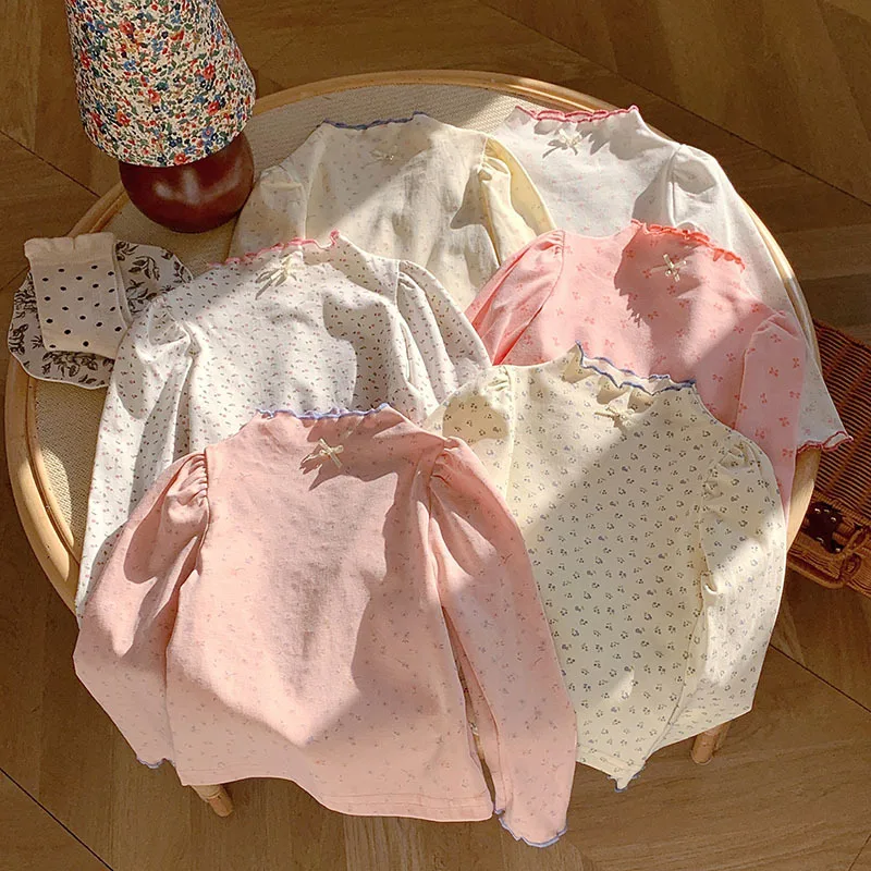 

T-Shirts Girls' Floral Print Blouse Style Lace Trim Top Semi-High Neck Long Sleeve Tee Kids Clothes