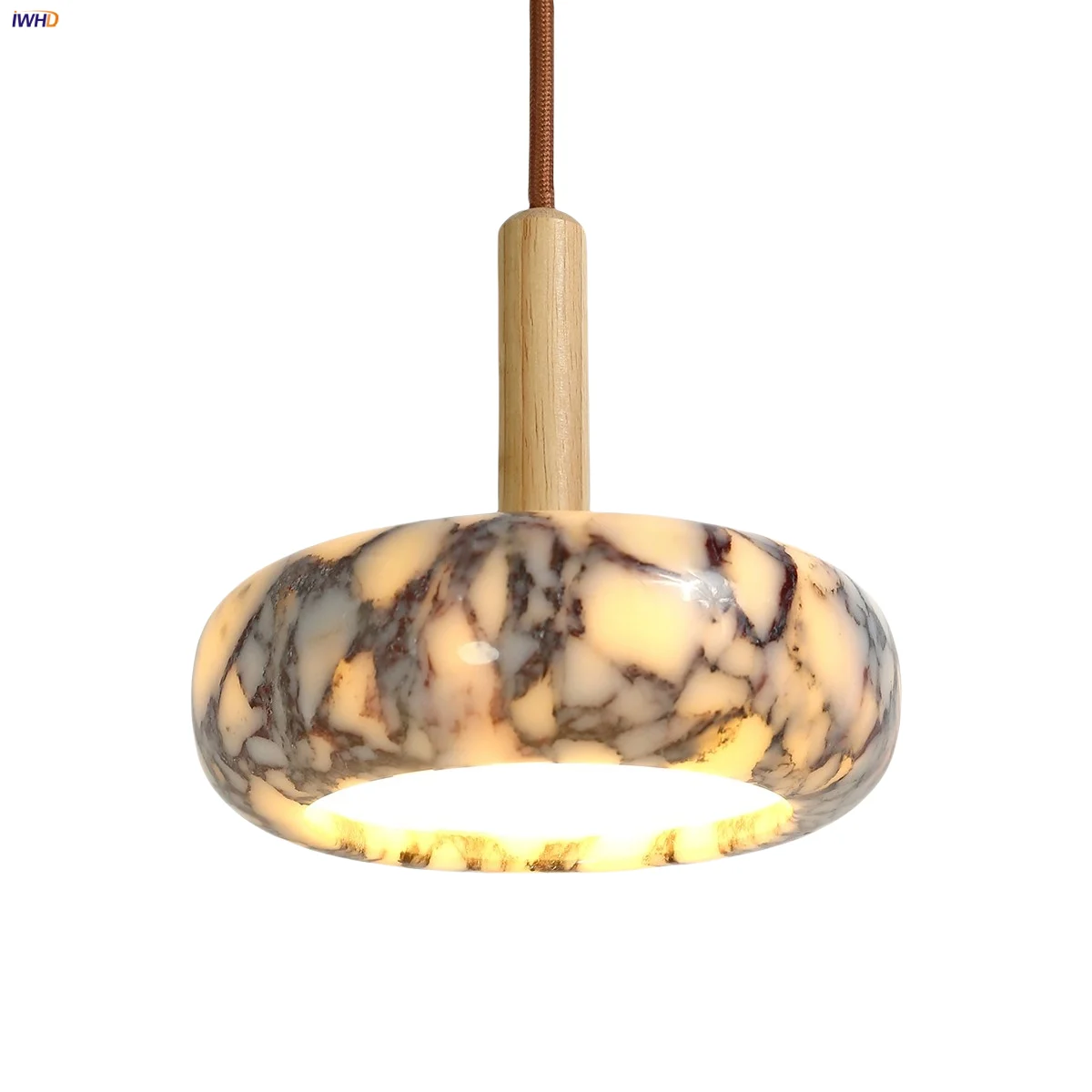 

IWHD Natural Wood LED Pendant Light Fixtures Porch Hallway Kitchen Nordic Modern Luxury Black Bulgari Marble Stone Hanging Lamp