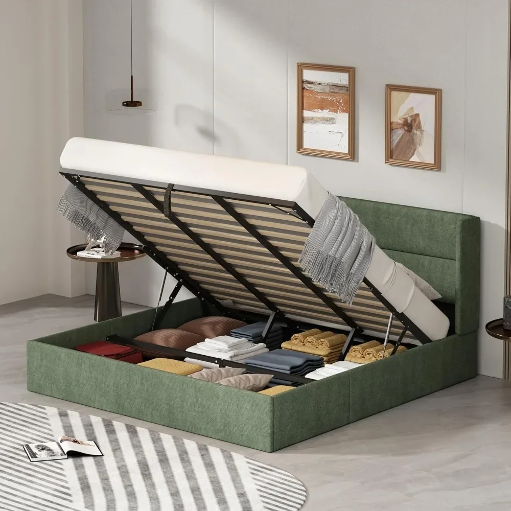 Rangka tempat tidur dengan penyimpanan, Platform berlapis kain dengan hidrolik, papan kepala Wingback kain flanel, dukungan Slat kayu tanpa suara