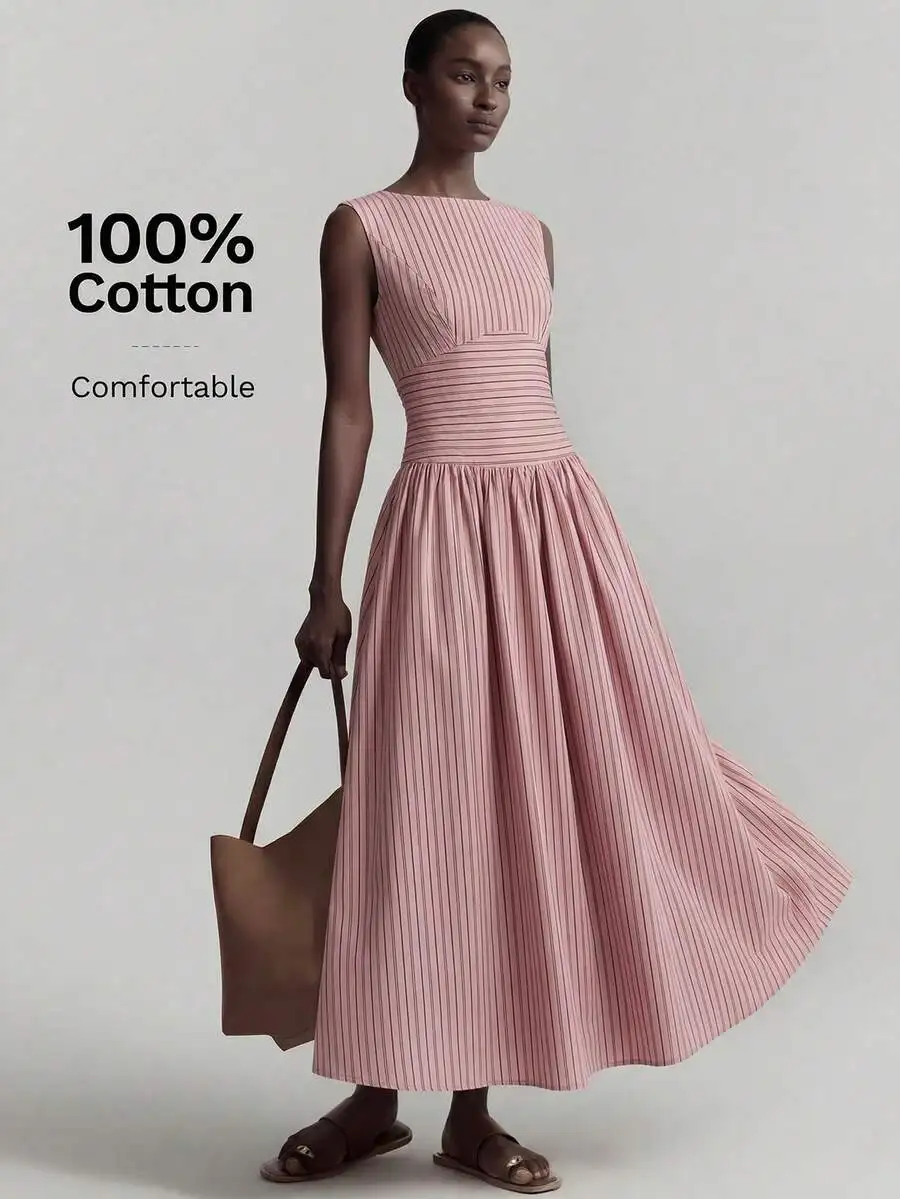 

Womens Striped Sleeveless Round Neck Pleated Cotton Midi Dress Casual Summer