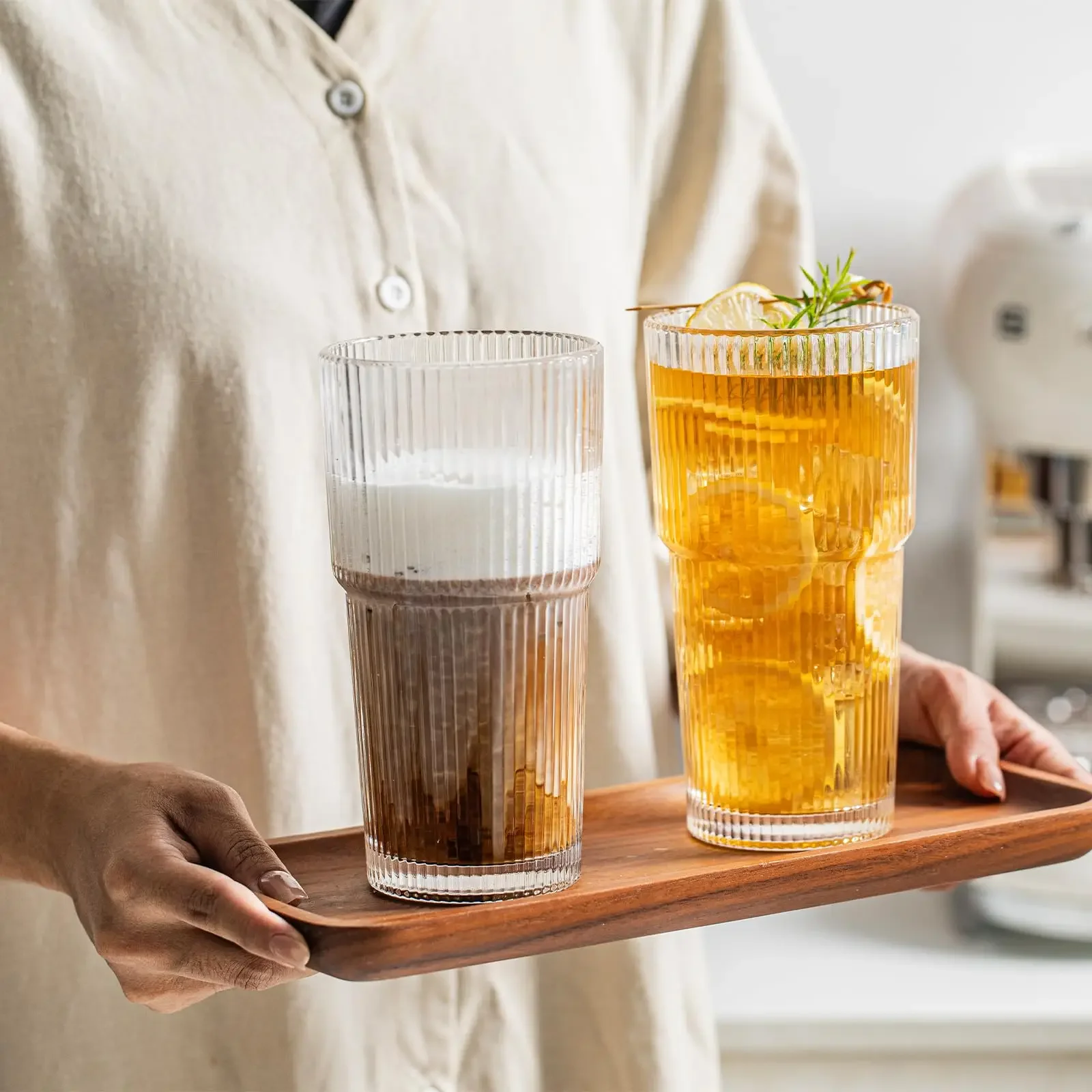 600ml Stripe Glass Cup Glass Tumbler with Lid & Straw Brush Tools Set for Juice Water and Iced Coffee Cups Mug Drinkware