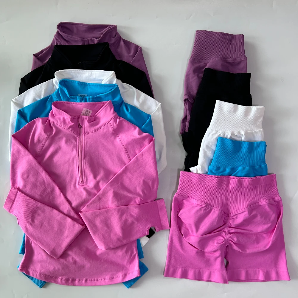 Pericic 2-teiliges Langarm-Yoga-Set für Damen, Halb-Reißverschluss-Jacke, Langarm-Sporttop, Gym-Shorts, Fitnessanzüge, Laufjacken, Workout-Set – Detail 9