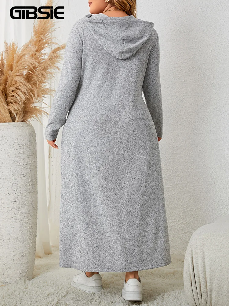 GIBSIE Plus Size Solid Gray Drawstring Hoodie Dress Women 2025 Autumn Winter Streetwear Long Sleeve A-line Casual Maxi Dresses