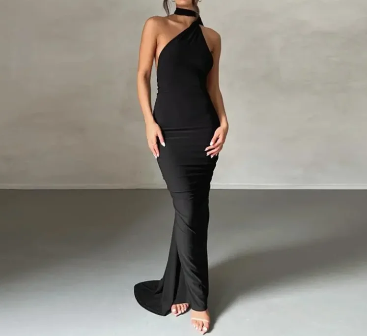 

Women's Sexy Dress 2025 Spring Summer Backless Pleated Slim Fit Solid Color Sleeveless Temperament Skinny Maxi Dress Long Skirt