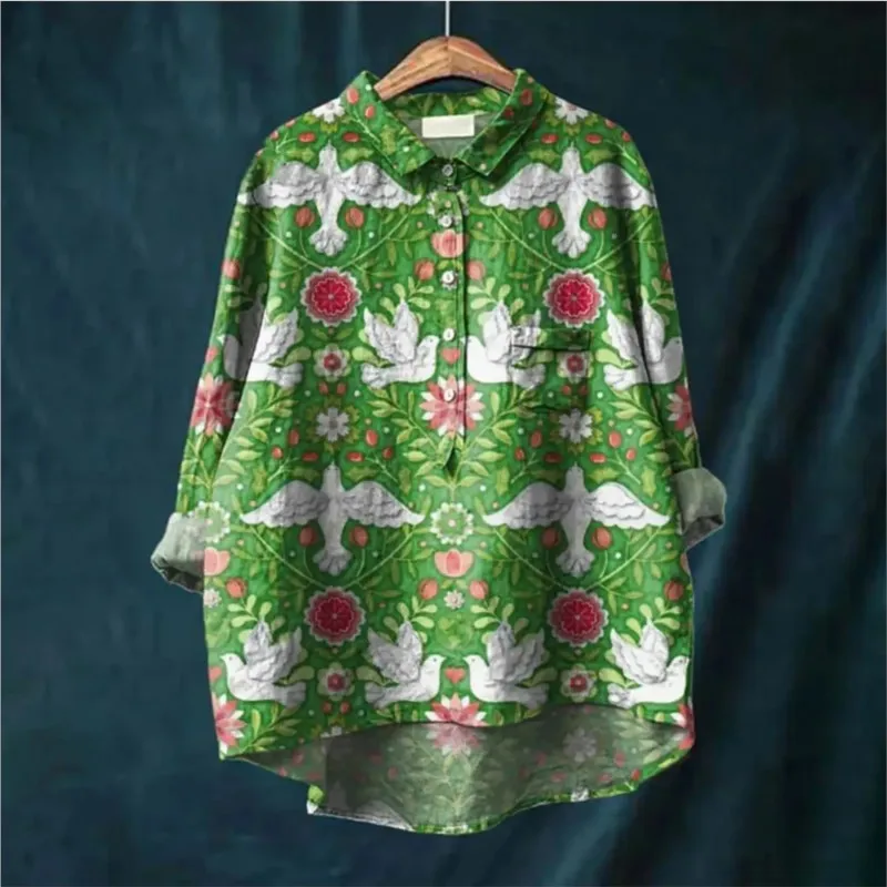 

A printed pattern of a peace dove Ladies' casual loose fit floral printed button up shirt - camisas estampadas