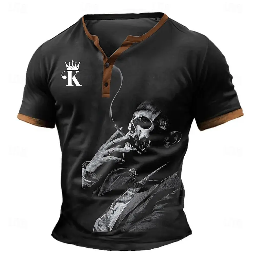 

3D Printed Men's Casual Henley T-Shirt Smoking Skull Graphic Button Henry Shirts Oversize Breathable Hip Hop Street Cool Clothes
