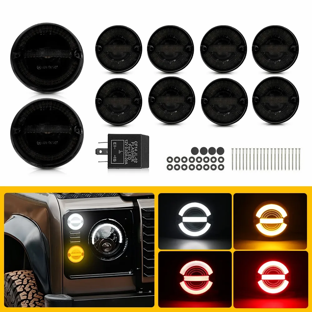 Full Smoked LED Light upgrade kit For Land Rover 90/110 Defender Lamp Light Kit Front Side Stop Tail Rear Fog Reverse Bulbs