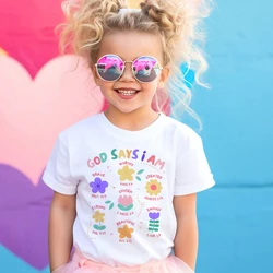 God Says I Am Brave Worthy Created Chosed Strong Enough Beautiful Print Girls Shirt Kids Summer T-shirt Child Short Sleeve Tops
