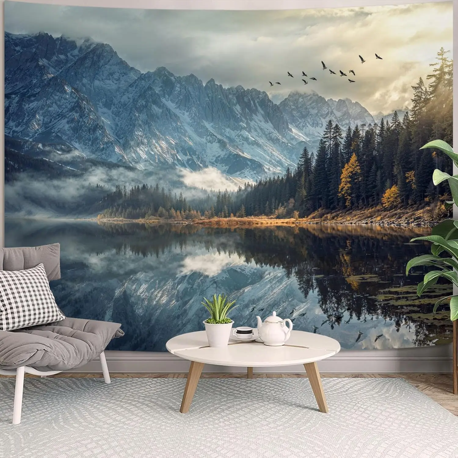 Premium Mountain Landscape Tapestry Wall Mural Decor Realistic Lake Forest View Art for Living Room Bedroom Home Decoration