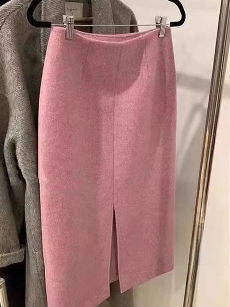 Pink Woolen  Skirt Women's Autumn Winter High Waist A-Line Straight Cut Long Skirt with Sweater Back Split Casual Skirt