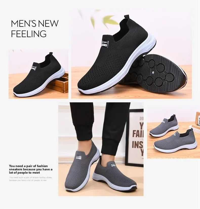 Herren-Strick-Slipper, atmungsaktives, fliegendes Gewebe-Obermaterial, dicke, rutschfeste Sohle, bequeme Freizeitschuhe zum Gehen – Detail 4