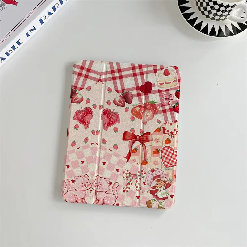 Cute red Checkered Bow Strawberry Fold Tablet Case For iPad Pro 13 11th A16 12.9
