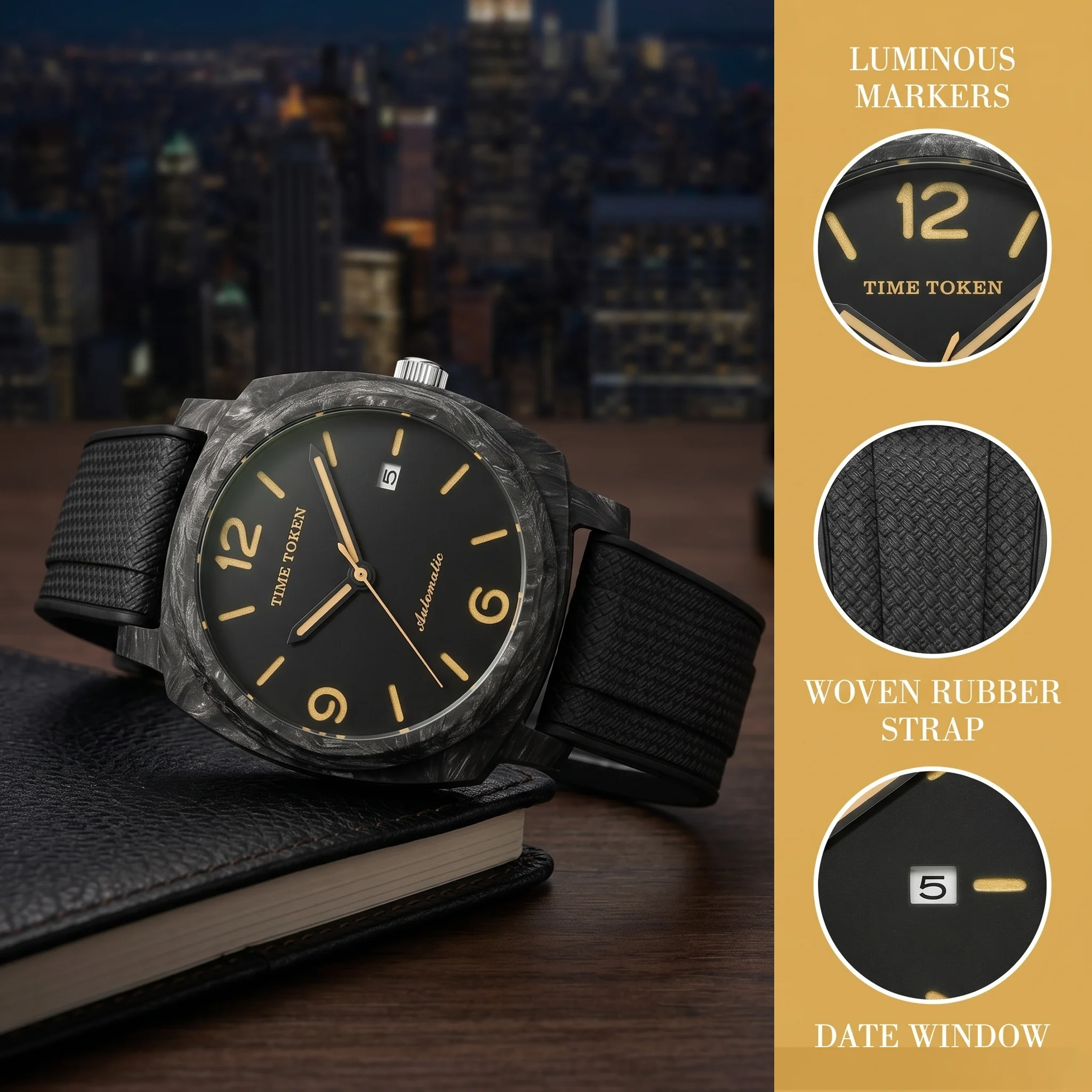 TIME TOKEN 2026 New Carbon Fiber Men Watches Luminous Calendar Automatic Watch 10Bar Waterproof  Mechanical Watches reloj T538