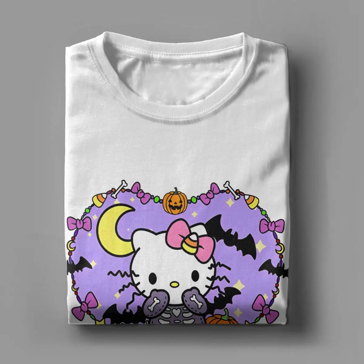 Official Hello Kitty Halloween Pumpkin Skeleton Cat T-Shirts Men Crew Neck Cotton T Shirt Short Sleeve Tees Original merchandise