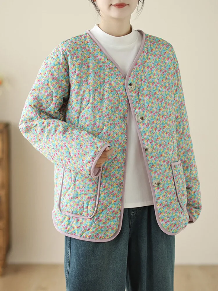 

Хлопковая куртка с цветочным узором в стиле ретро, женская зимняя теплая верхняя одежда большого размера, домашняя хлопковая одежда, застежка на пуговицы, V-Ne L...