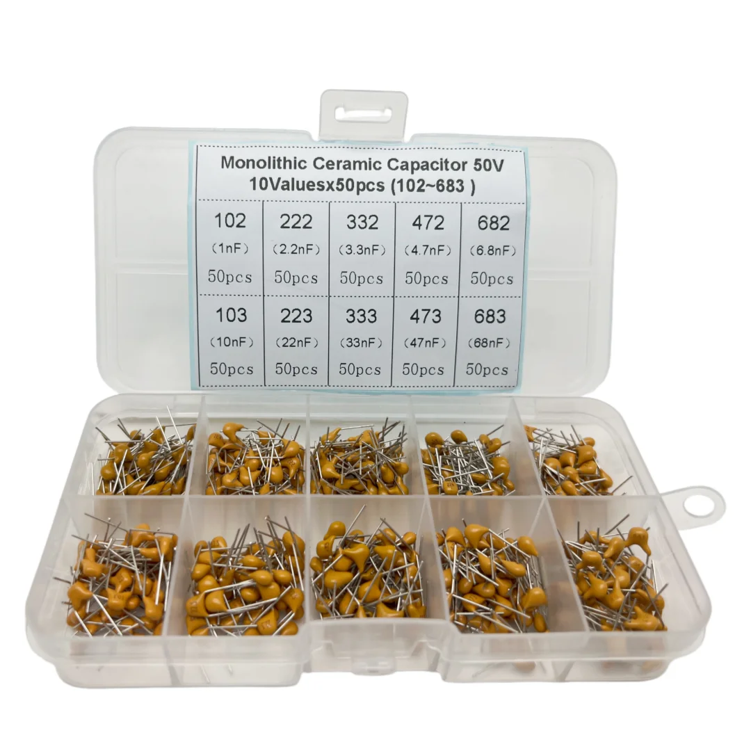 Monolithic Ceramic Capacitors (50V): 10 models, 50 pieces each, totaling 500 pieces, with 3 types of combinations.