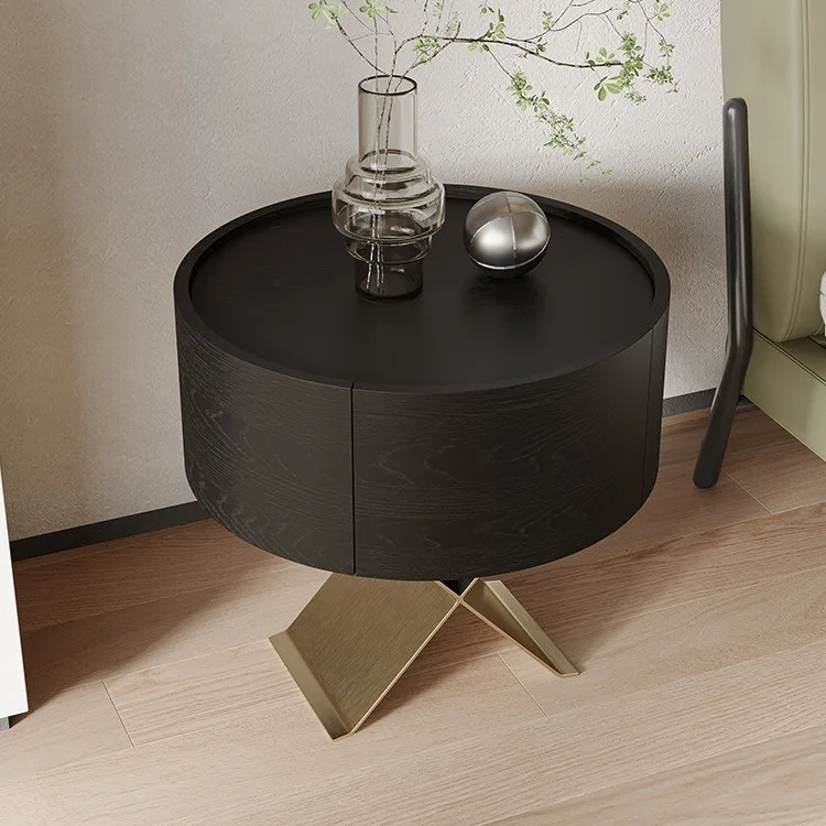 Italian Minimalist Smoky Bedside Table High-End Bedroom round Solid Wood Bedside Cabinet Locker Light Luxury