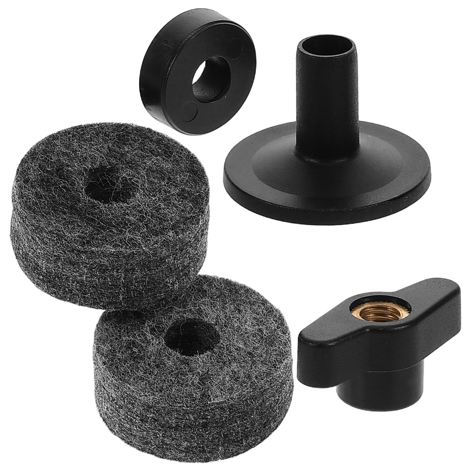 

Комплект для крепления тарелок ударных инструментов: пластиковые втулки для стойки, войлочные накладки, разрезные винтовые шайбы для обслуживания и защиты барабанной установки