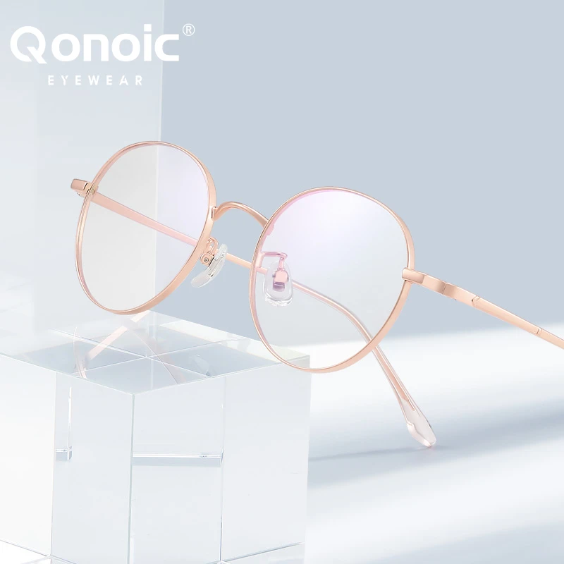 

QONOIC Round Glasses Frame Pure Titanium Lightweight Eyeglasses Modern Fashion Style Spectacle Blue Light Blocking AF98253