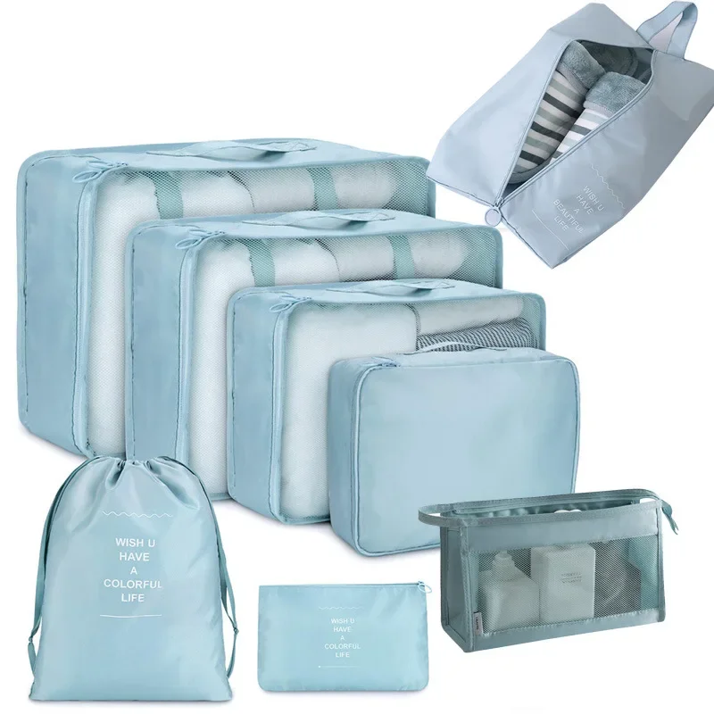 

Suitcase Storage Bag 8 Pcs Foldable Wash Separate Solid Color Travel Use Simple Style Large Capacity Organizer Bags