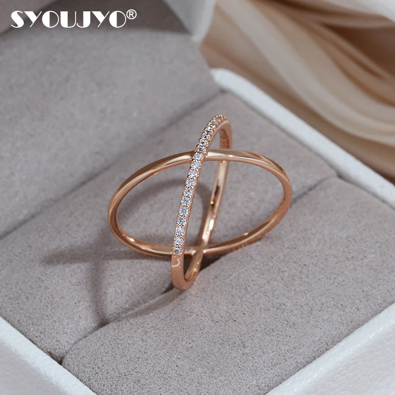 SYOUJYO New Simple Geometry Cross 585 Rose Gold Color Rings for Women Natural Zircon Micro-wax Vintage Luxury Fine Jewelry Gift