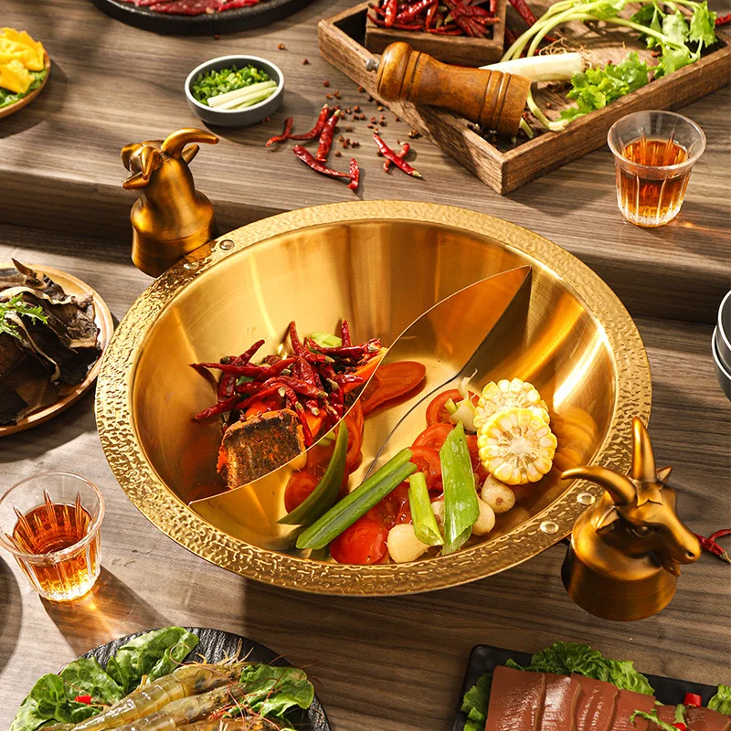 

Разделенная горячая кастрюля из нержавеющей стали, спрей для сухого льда, овечьи головки, кухонная посуда, индукционная плита, кастрюля для приготовления пищи, двойная разделенная кастрюля для супа