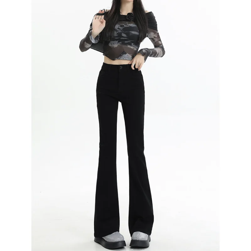 Women's 2025 Black Micro Flared Jeans High Waist Short Stature Slimming Horseshoe Long Pants