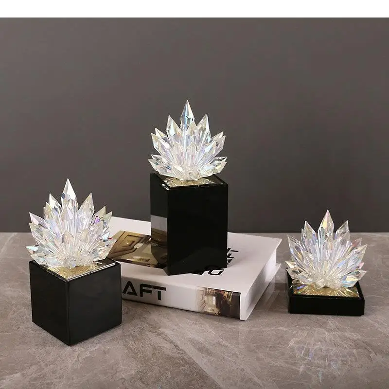 

Transparent Crystal Flower Artwork Ornaments Desk Decoration Black Base Sculpture Crafts Room Aesthetics Decor