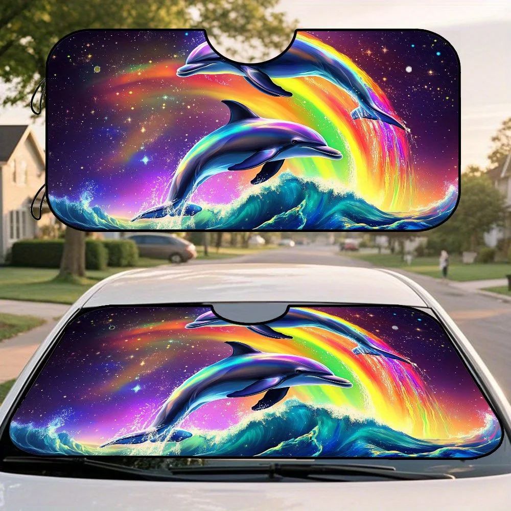 1pc Rainbow Dolphin Ocean Art Sun Shade - Foldable Windshield Cover With Vibrant Marine Design, Durable Polyester, Fit For Cars
