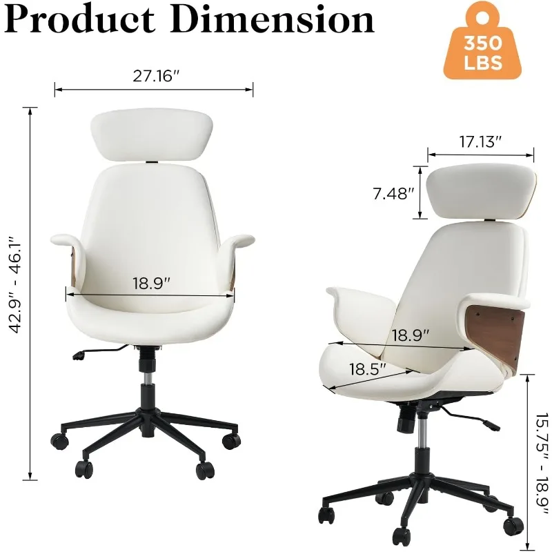 Home Office Desk Chair with Curved Armrests, Leather Upholstery Swivel Chair with Wheels, Ergonomic Computer Desk Chair