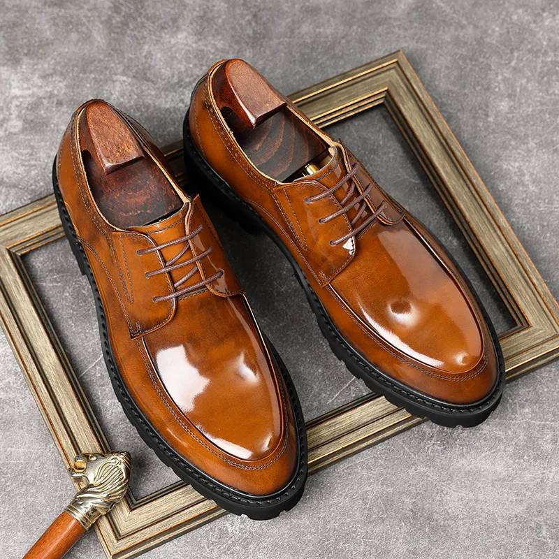 Genuine Full Leather Men's Formal Dress Shoes Bright Leather Thick Sole Height Increasing Wedding Gentleman Fashion Shoes