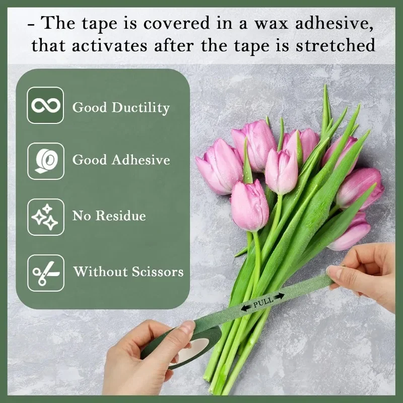 20/1Rolls Green Bouquet Floral Tapes Self-adhesive Stamen Wrapping Paper Tape DIY Flowers Decor for Florist Wedding Party Props