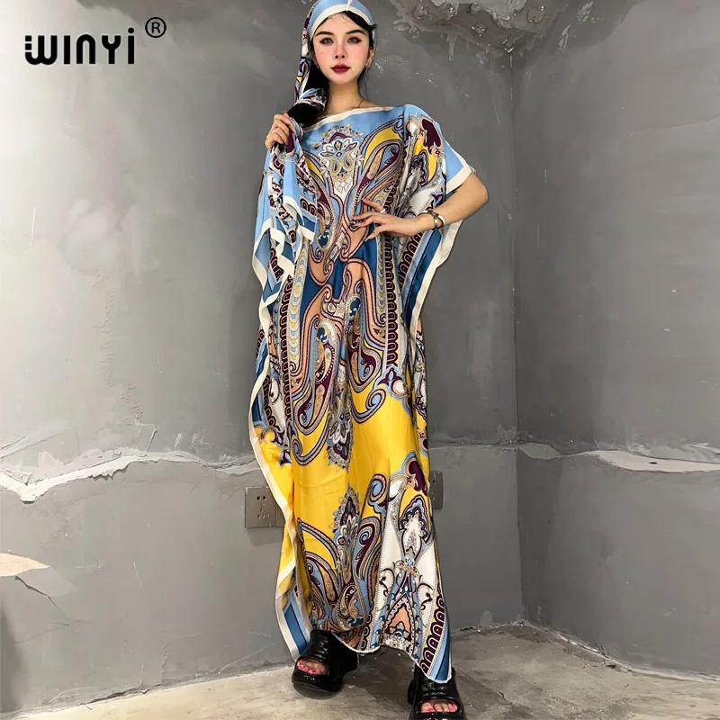 WINYI-Vestido estampado boho para mulheres, Dubai Muslim Dashiki, Design de férias com cinto, vestido de noite, Caftan Party Kaftan