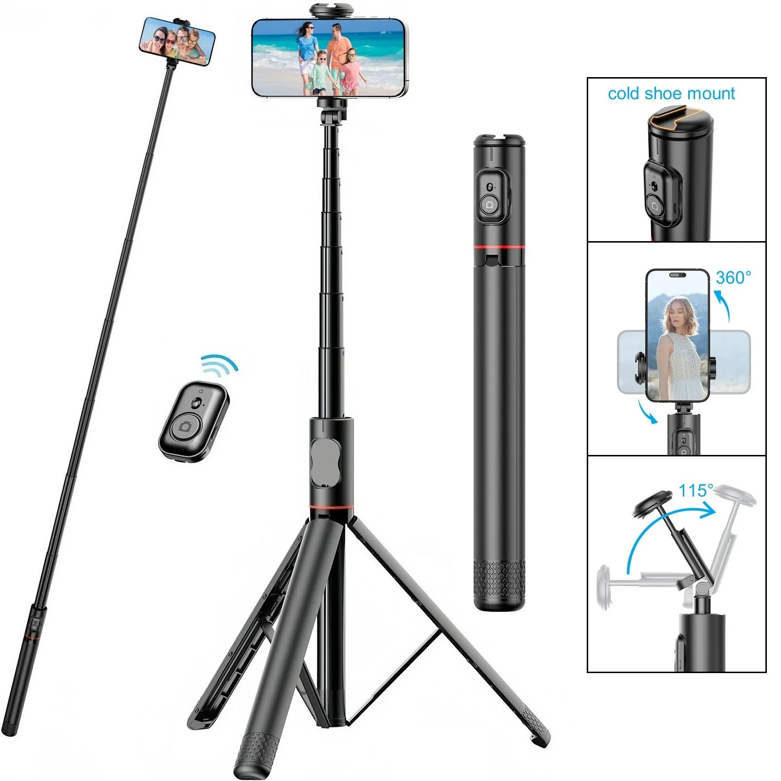 

Selfie Stick Tripod with Remote for iPhone Phone Video Recording, 1.83m Telescopic Travel Phone Tripod Stand Cold Shoe Mount