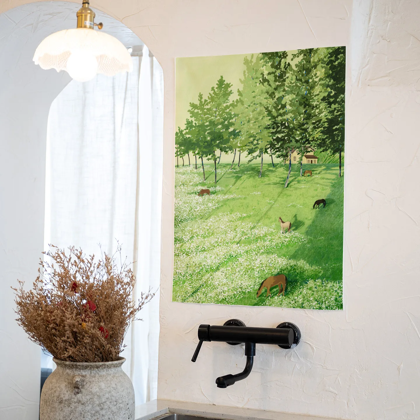 Spring Pastoral Ranch Fresh Relaxing Atmosphere Decor Canvas, Wall Hanging Tapestry for Girls Bedroom Background Wall Covering
