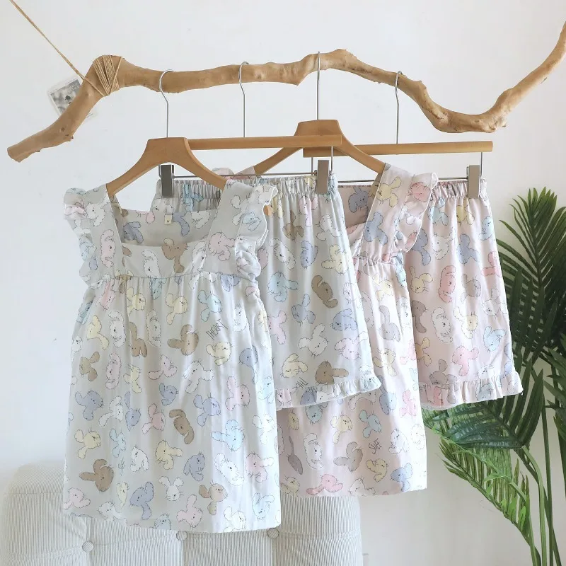 

2026 New Women's Summer Pajama Set 100% Cotton Gauze with Chest Mat Rabbit Tank Top+Shorts Two Piece Set Loose Thin Home Clothes