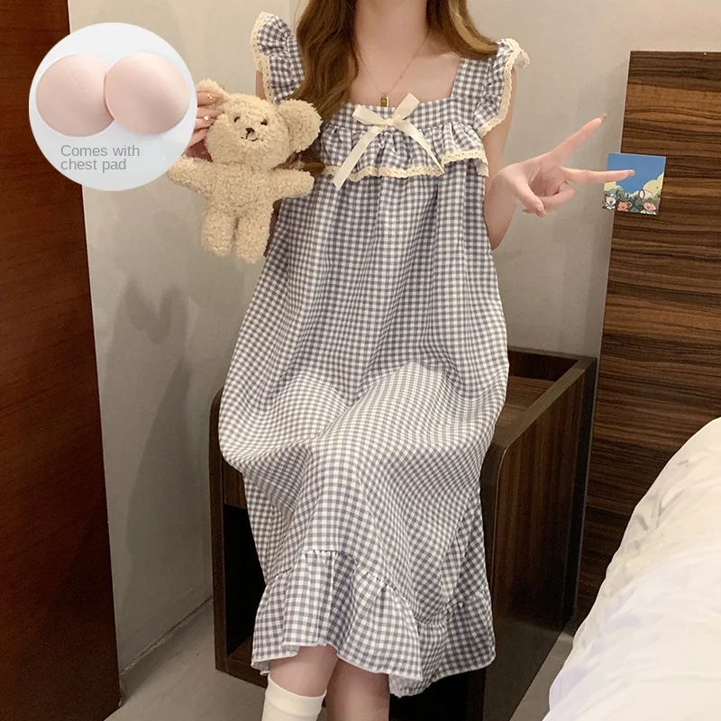 Women Korean Sweet Plaid Bow Design Nightgown with Straps Sleep Dress Cute Summer New Loungewear Y2K Nightgown with Built-in Bra