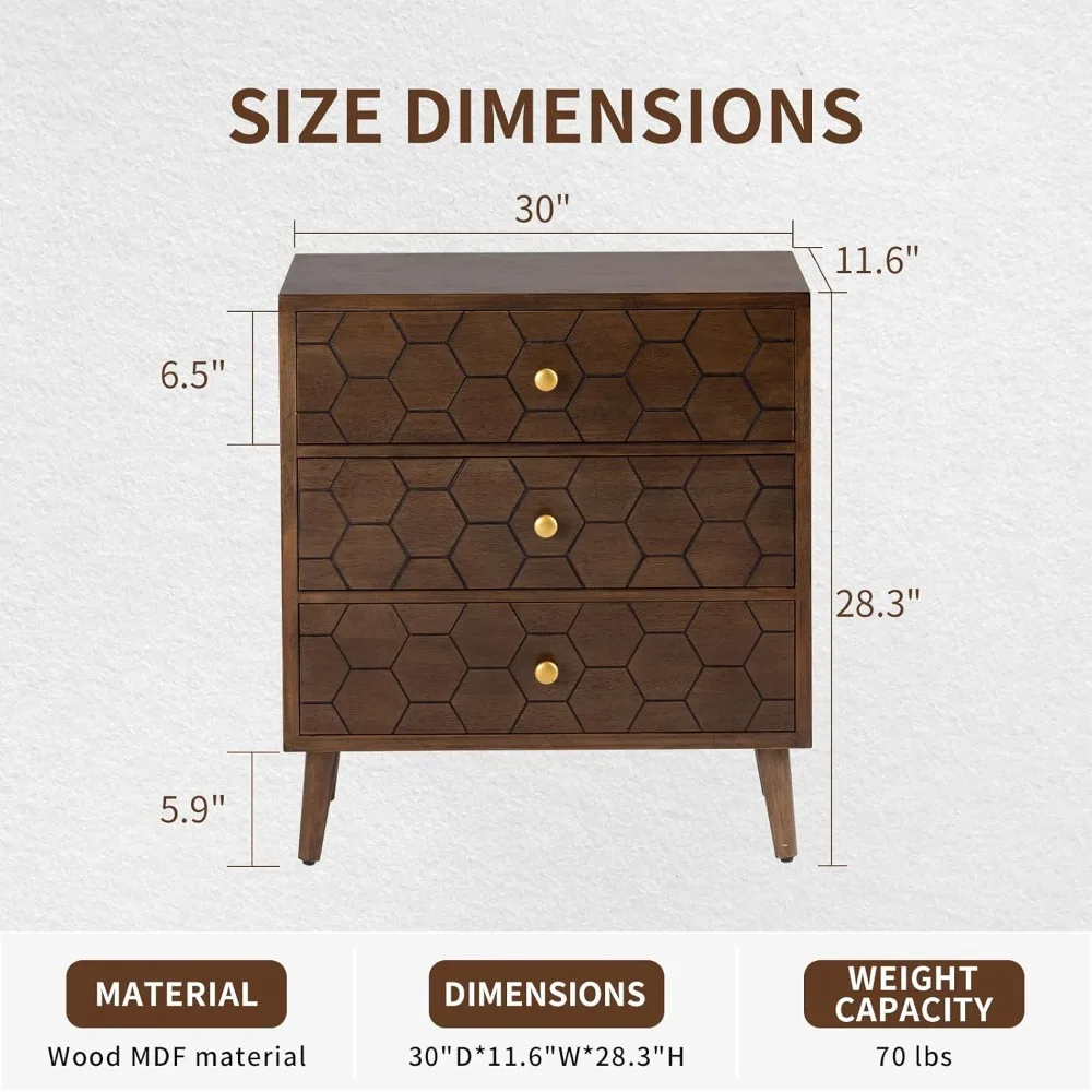 Modern End Table w 3 Storage Drawers, Night Stand w Honeycomb Pattern, Small Wood Chest, Accent Cabinet for Bedroom, Living Room