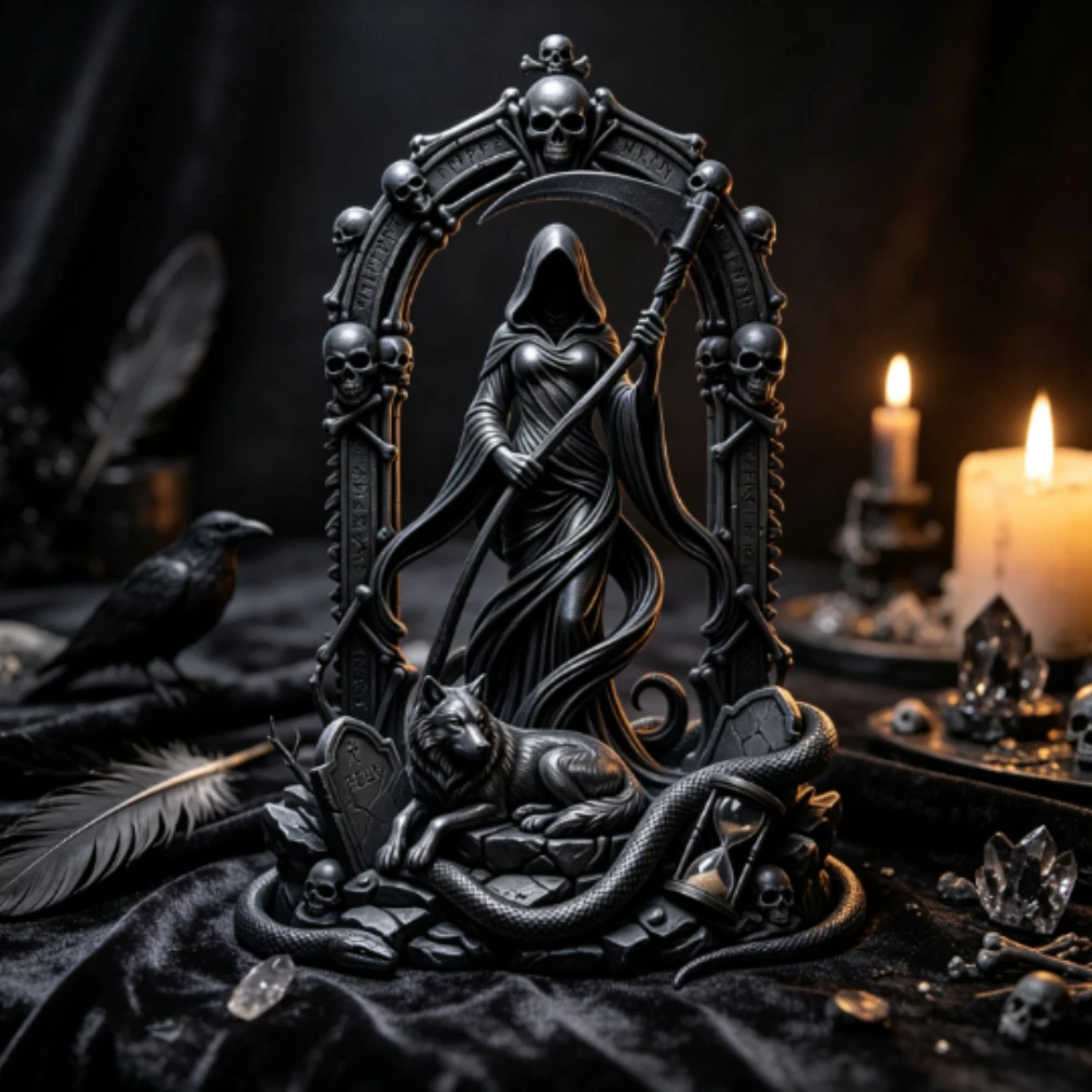Gothic Arch Female Grim Reaper Statues 3D Print Arch Skull Sculpture Wolf Snake Desk Ornaments Halloween Altar Decor Collectible