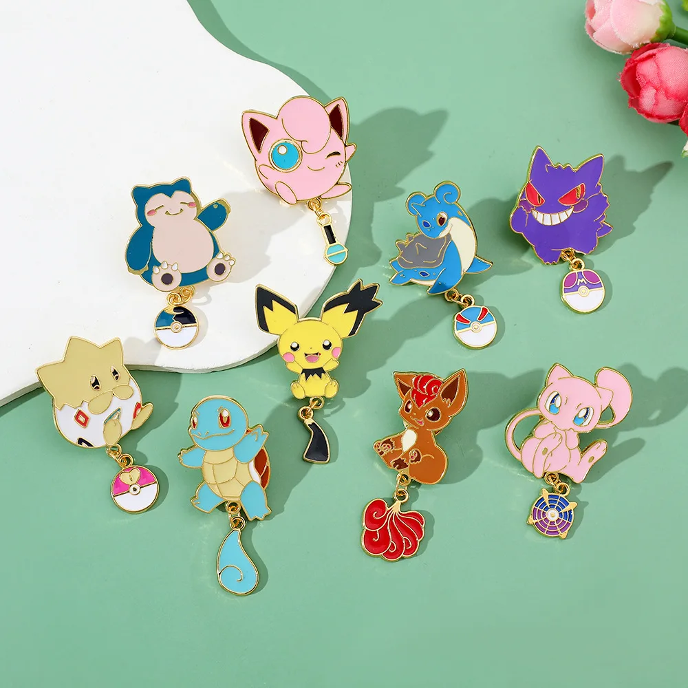 Pokemon Charm Pins Jigglypuff Gengar Vulpix Mew Lapras Pichu Squirtle Togepi Snorlax withTail and PokeBall Broches Fans Gifts view 5