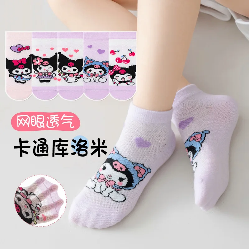 5 pares de calcetines Sanrio Kuromi para niños, calcetines finos de hielo transpirables de malla, calcetines cortos de verano con bonitos dibujos animados para niñas de 1 a 12 años