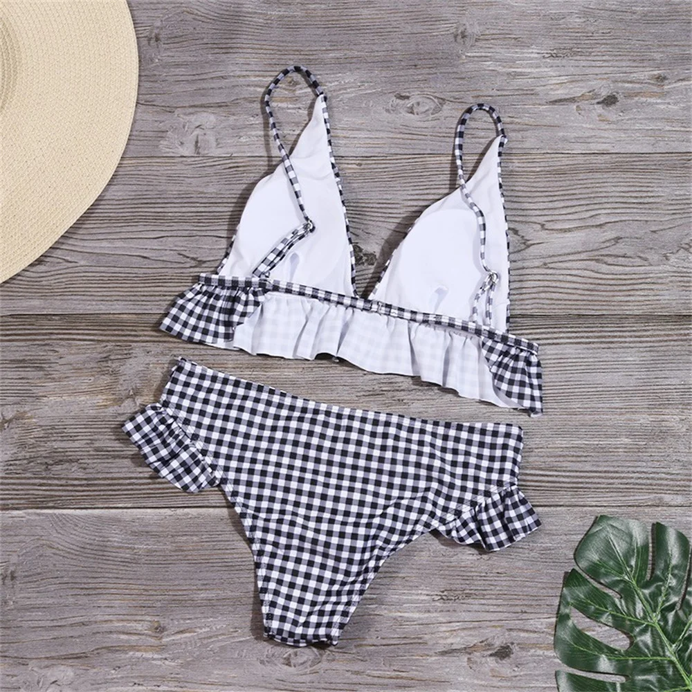 Cute Plaid Ruffles Bikini Micro Sling Extreme Backless Swimsuit Women Two Piece Retro Vacation Swimwears Beach Tangas Bath Suits