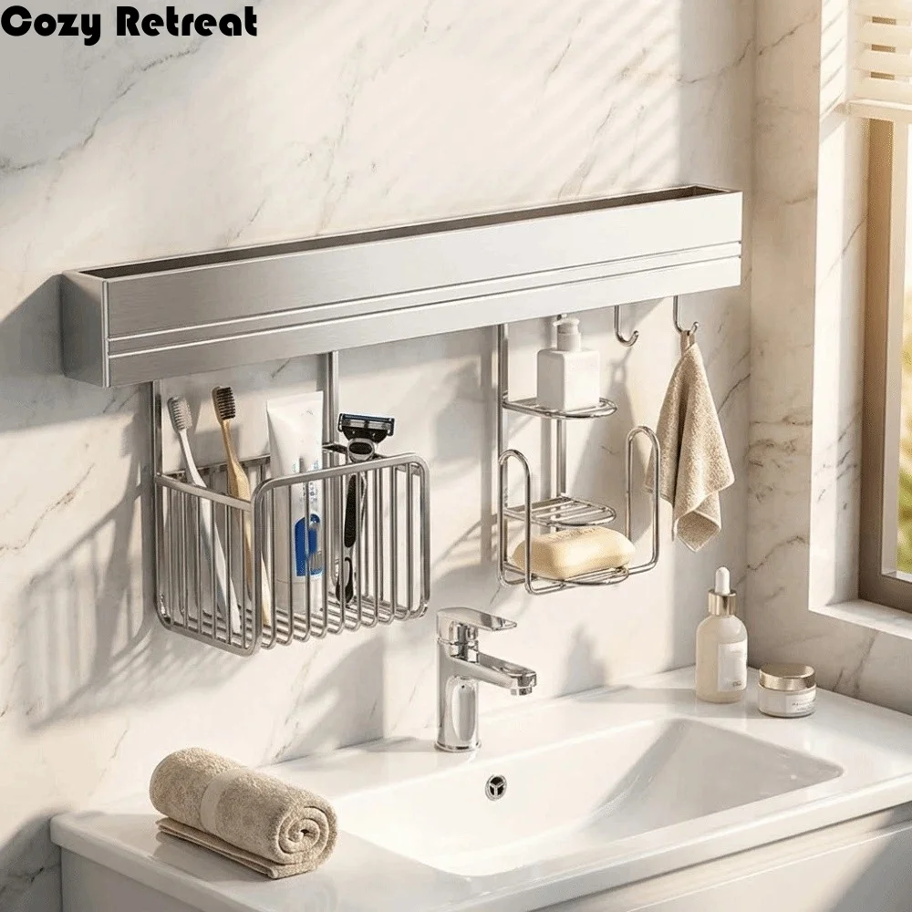 

Stainless Steel Punch-free Wall Storage Rack Rust-Resistant Sturdy Structure Bathroom Wall Mount Organizer Easy Clean Surface