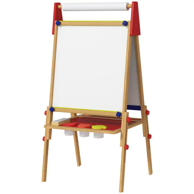 

Qaba 3 in 1 Easel for Kids with Paper Roll, Whiteboard, Chalkboard, Double Sided & Adjustable Height, Nature Wood