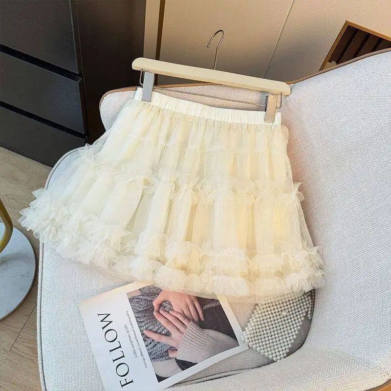 Ballet Style Layered Cake Skirt Women's Summer New High Waist A-Line Mesh Short Skirt Anti-Light Fluffy Half-length Skirt